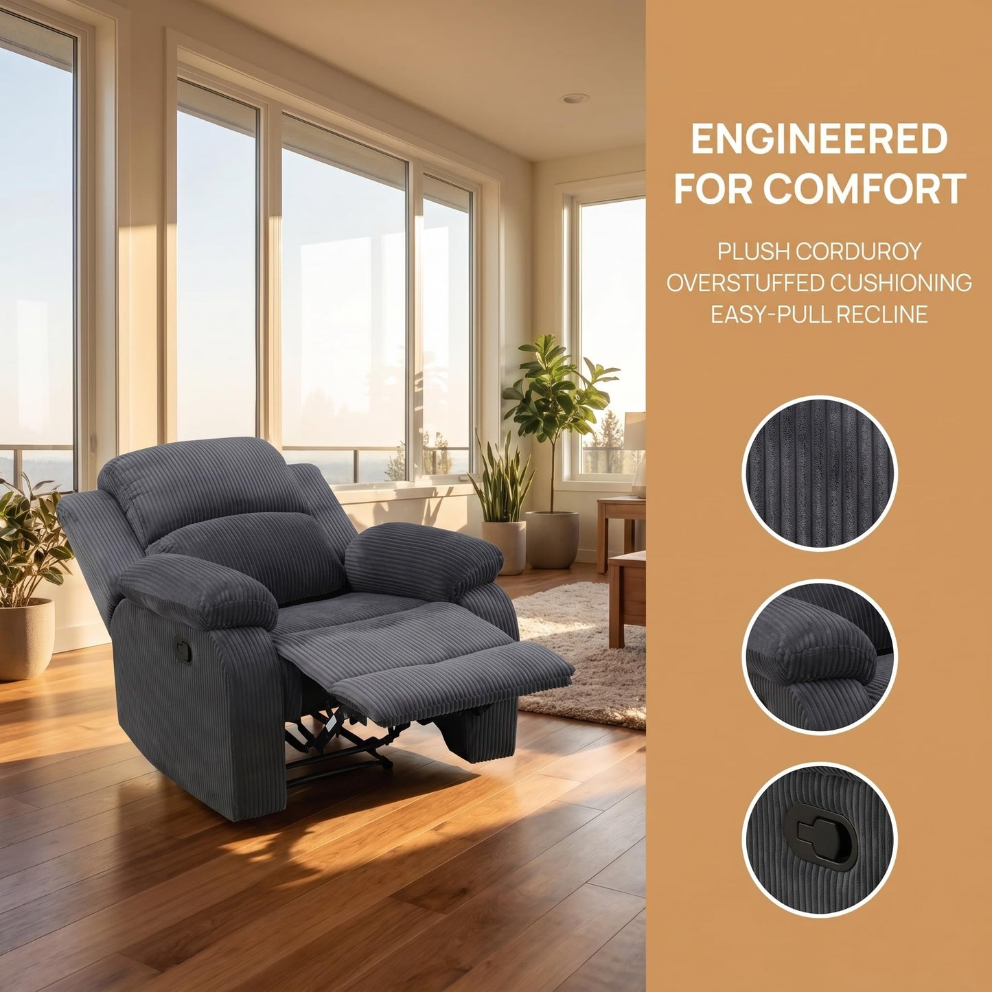 Trygoal Manual Recliner Chair, Nursery Rocking Chair, Corduroy Recliner Chair for Adults, Lazy Boy, Gaming Recliner wih Overstuffed Arms, Suitable for Home Theater, Living Room, Bedroom, Dark Grey