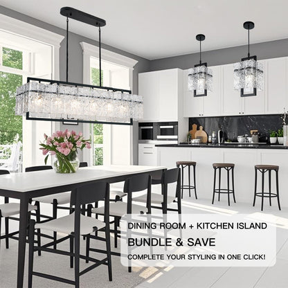 IKK Modern Rectangle Black Crystal Chandeliers for Dining Room, 42" Large Rectangular Water Ripple Glass Island Light Fixture, Linear Farmhouse Lighting for Kitchen Island, Living Room, L42xW11xH12