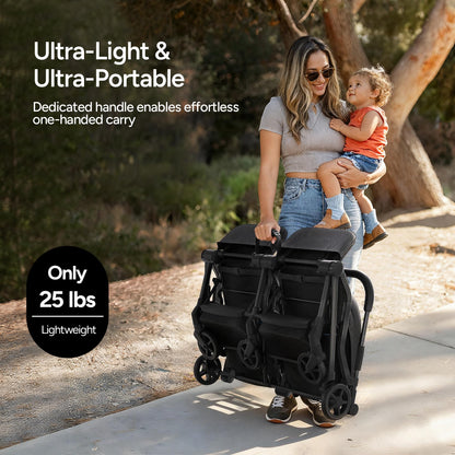 Mompush Lithe Double Stroller for Infant and Toddler, Lightweight Side by Side Twin Stroller, Only 25 lbs, 30-Inch Slim Fit Through Doorways, One-Step Fold, Independent Recline, UPF 50+ Canopy