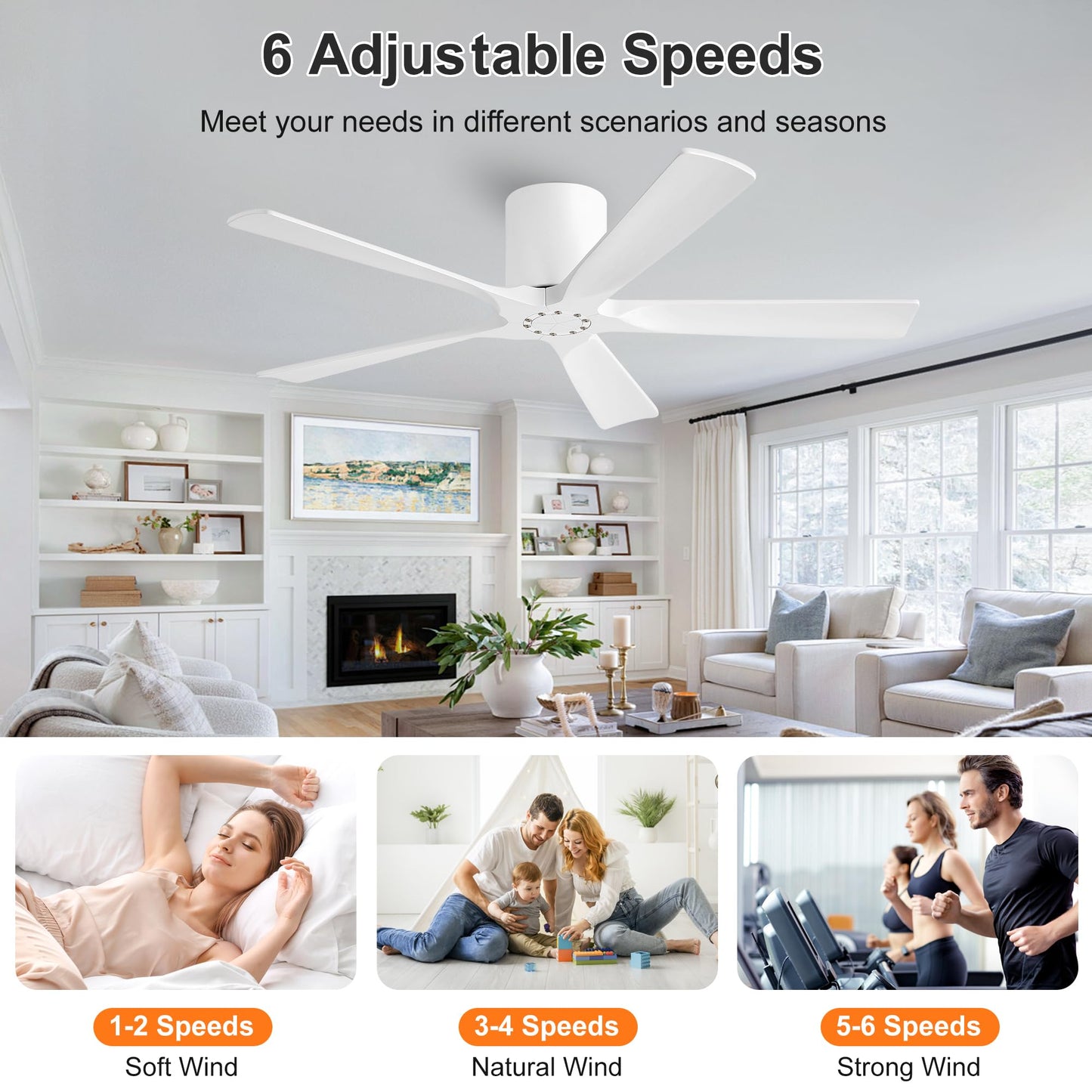 LEDLUX 52 Inch Flush Mount Ceiling Fan No Light - 5 Solid Wood Blades, 6-Speed Reversible DC Motor, Noiseless Low Profile Ceiling Fan without Light for Bedroom Living Room, White