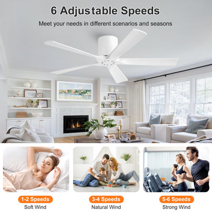 LEDLUX 52 Inch Flush Mount Ceiling Fan No Light - 5 Solid Wood Blades, 6-Speed Reversible DC Motor, Noiseless Low Profile Ceiling Fan without Light for Bedroom Living Room, White