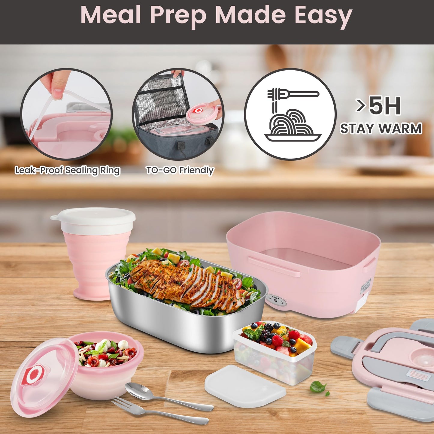 AOSION Electric Lunch Box for Adults, Heated Lunch Box 3-IN-1 80W Self Portable Food Warmer for Car/Truck/Office, Upgraded Lunch Box Leak-Proof Stainless Steel Container, Gifts for Women (Pink)