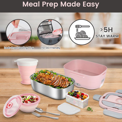 AOSION Electric Lunch Box for Adults, Heated Lunch Box 3-IN-1 80W Self Portable Food Warmer for Car/Truck/Office, Upgraded Lunch Box Leak-Proof Stainless Steel Container, Gifts for Women (Pink)