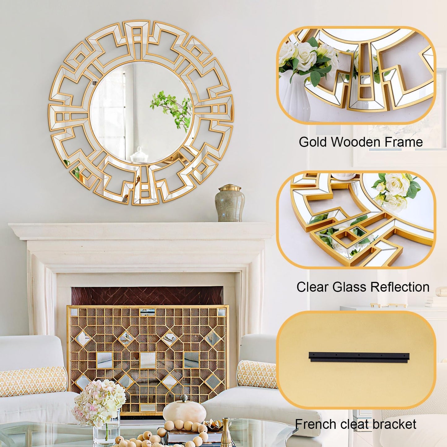 Chende Large Round Mirror, 40'' Modern Living Room Mirrorr with Beveled Glass Edge, Gold Decorative Wall Mirror with Wooden Frame for Dining Room, Entryway, Mantel, Bathroom