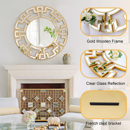 Chende Large Round Mirror, 40'' Modern Living Room Mirrorr with Beveled Glass Edge, Gold Decorative Wall Mirror with Wooden Frame for Dining Room, Entryway, Mantel, Bathroom