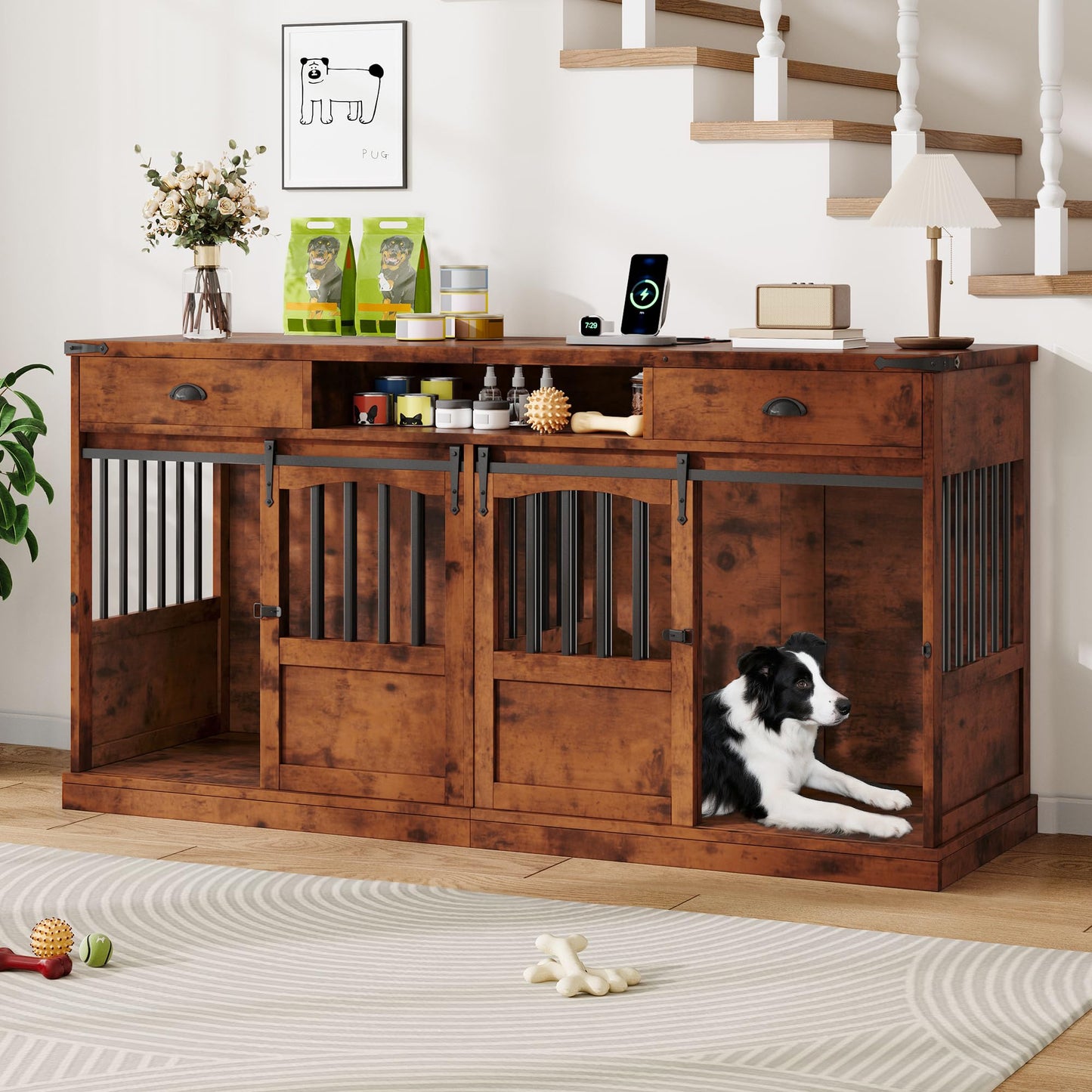 Homiflex 72" Double Dog Crate Furniture with Storage for 2 Medium Large Dogs Farmhouse Wooden Dog Kennel Furniture with 2 Sliding Doors Divider & Power Outlets Decorative Dog Cage TV Stand, Brown