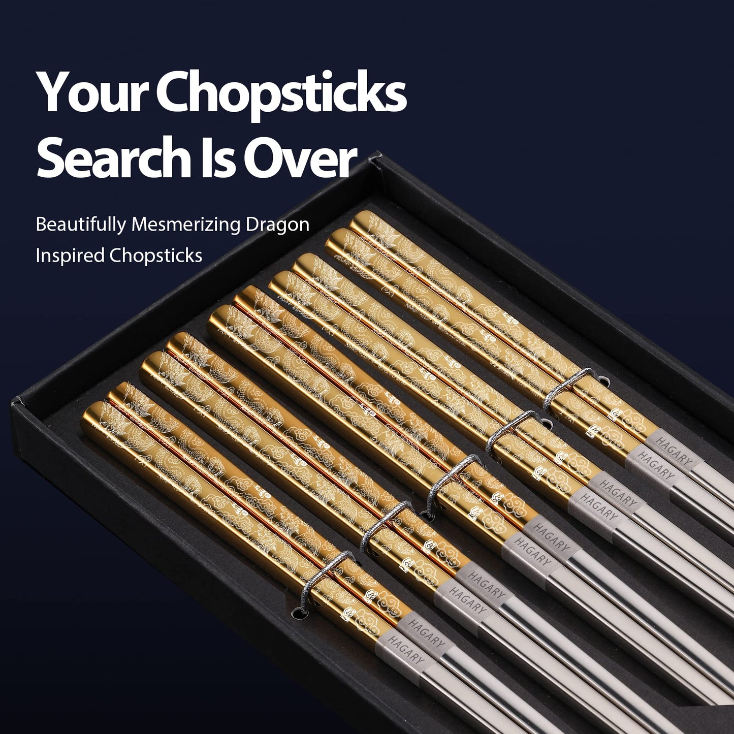 Hagary Dragon Chopsticks Metal Reusable Designed In Korea Japanese Style Stainless Steel 316 18/10 Non-Slip Dishwasher Safe Laser Etched (Gold - 5 Pairs)