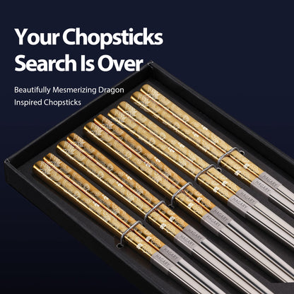Hagary Dragon Chopsticks Metal Reusable Designed In Korea Japanese Style Stainless Steel 316 18/10 Non-Slip Dishwasher Safe Laser Etched (Gold - 5 Pairs)