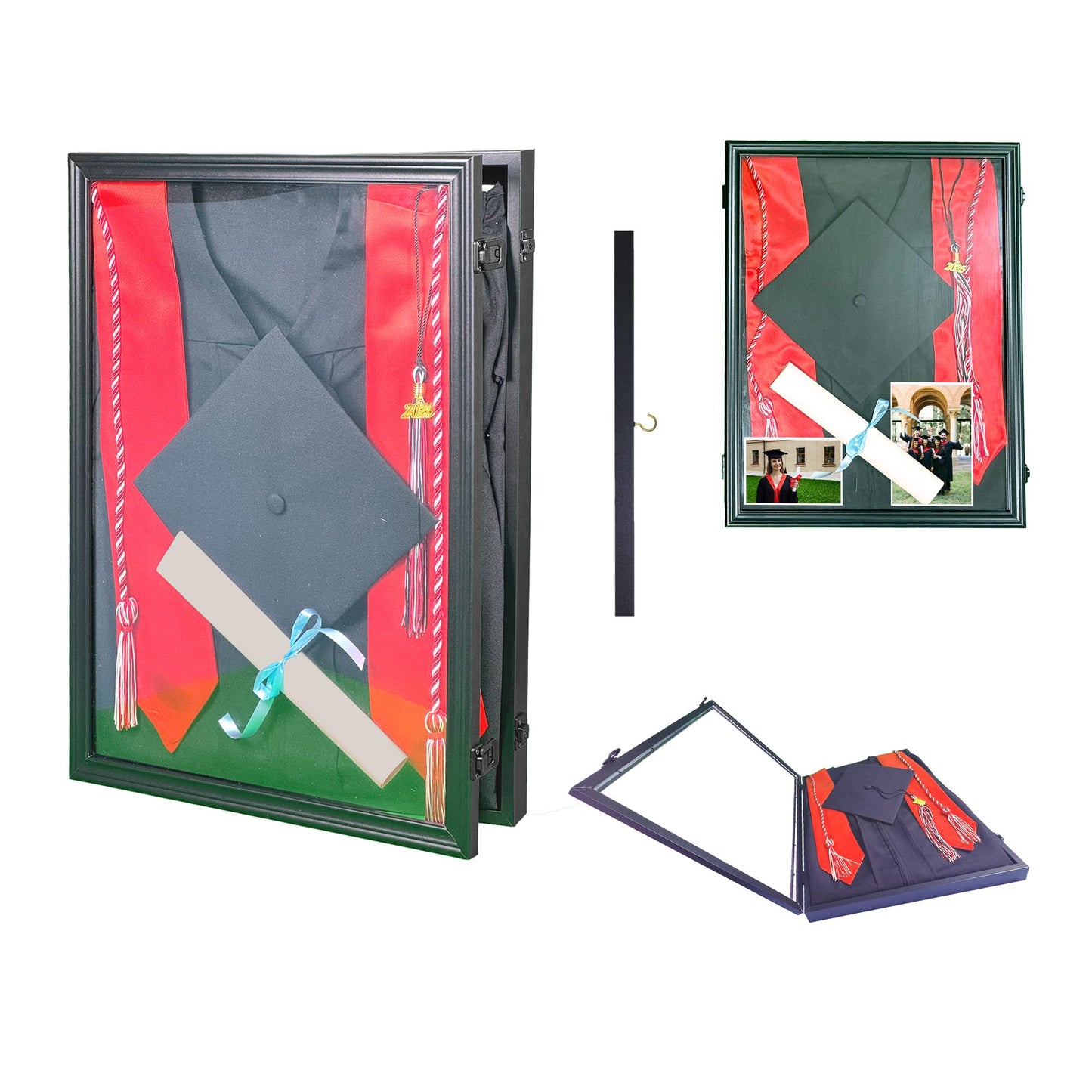 Graduation Shadow Box Frame 17"x23" Graduation Gown Display Wood Case with Velvet Back for Cap Gown Diploma Stole Cords Awards Medals Photos Pictures,Black