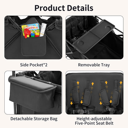 Stroller Wagon for 4 Kids, 4 Seater Wagon Stroller with Convertible Seats Footrests, Snack Tray, Storage Bag, Removable Canopy, Wagon Stroller 4 Seater with Double Push Handle (Black-Convertible)