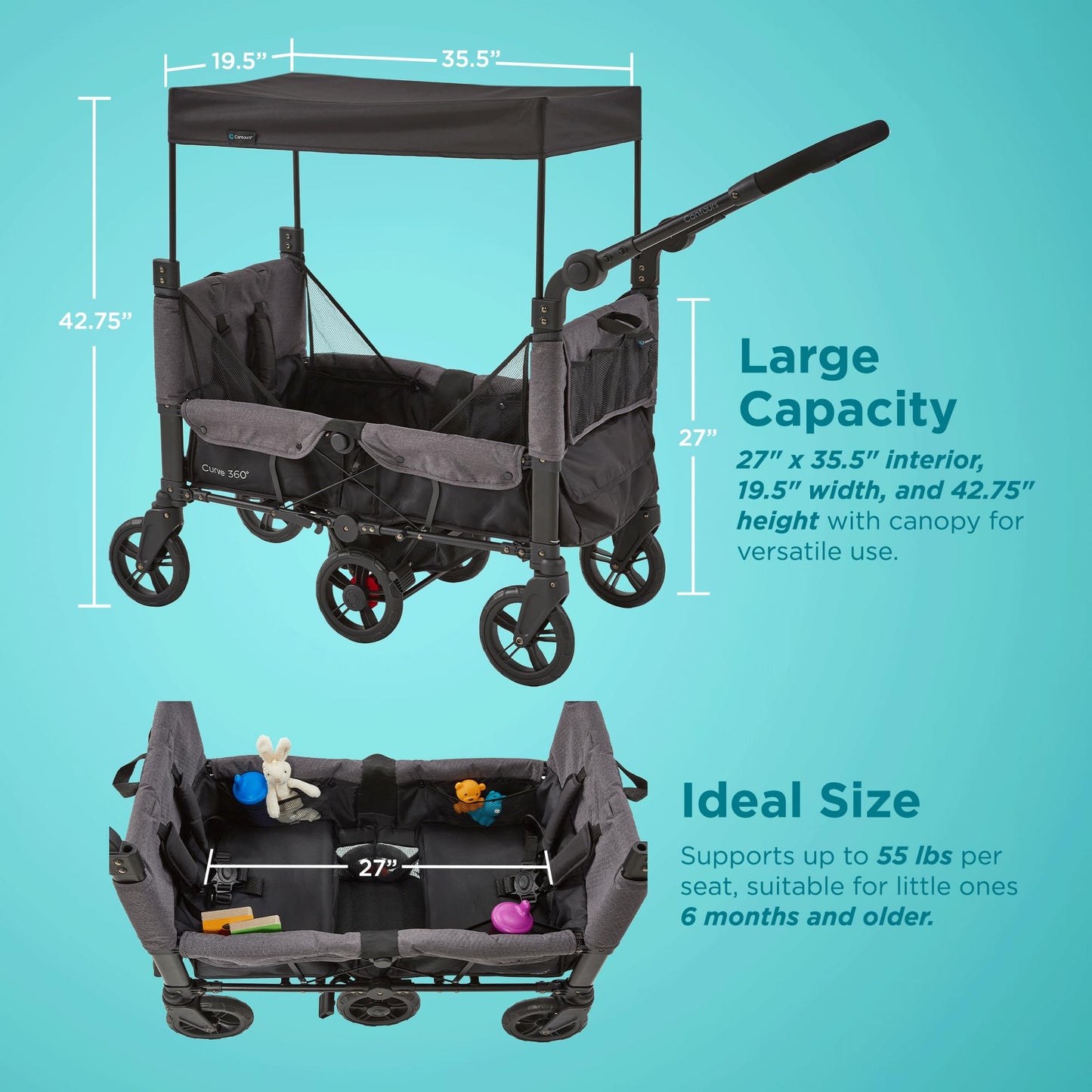 Contours Curve 360 Lightweight Double Baby Stroller Wagon for 2 Kids, Fits Infant Car Seats, Ultra Maneuverable, Easy in and Out for Toddlers with Deep Footwell, Storage Pockets and Adjustable Handle