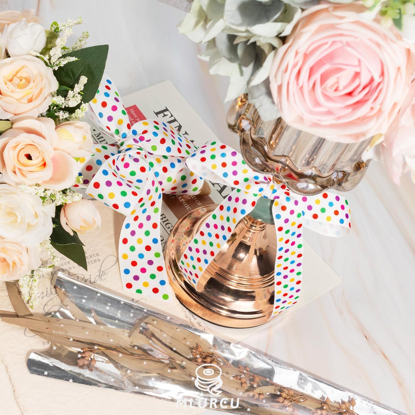 Polka Dot Ribbon Set 3 Rolls 5/8", 7/8", 1.5" Rainbow Colored Dot Grosgrain Ribbons for Gift Wrapping, Birthday Party, Baby Shower, Wreaths, Hair Bows, Banners, Candy Bags, DIY Crafts