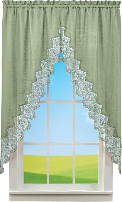Collections Etc Elegant Lace Border Trim & Solid-Color Window Curtain Sage Swags
