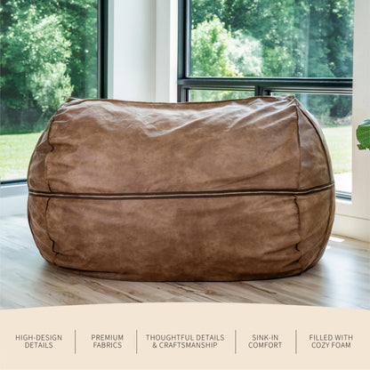 Big Joe Fuf 7Ft Giant Foam Bean Bag Chair, Oversized Couch with Removable Cover for Kids, Teens, Adults, Coffee Soft Vegan Leather, 7 Foot
