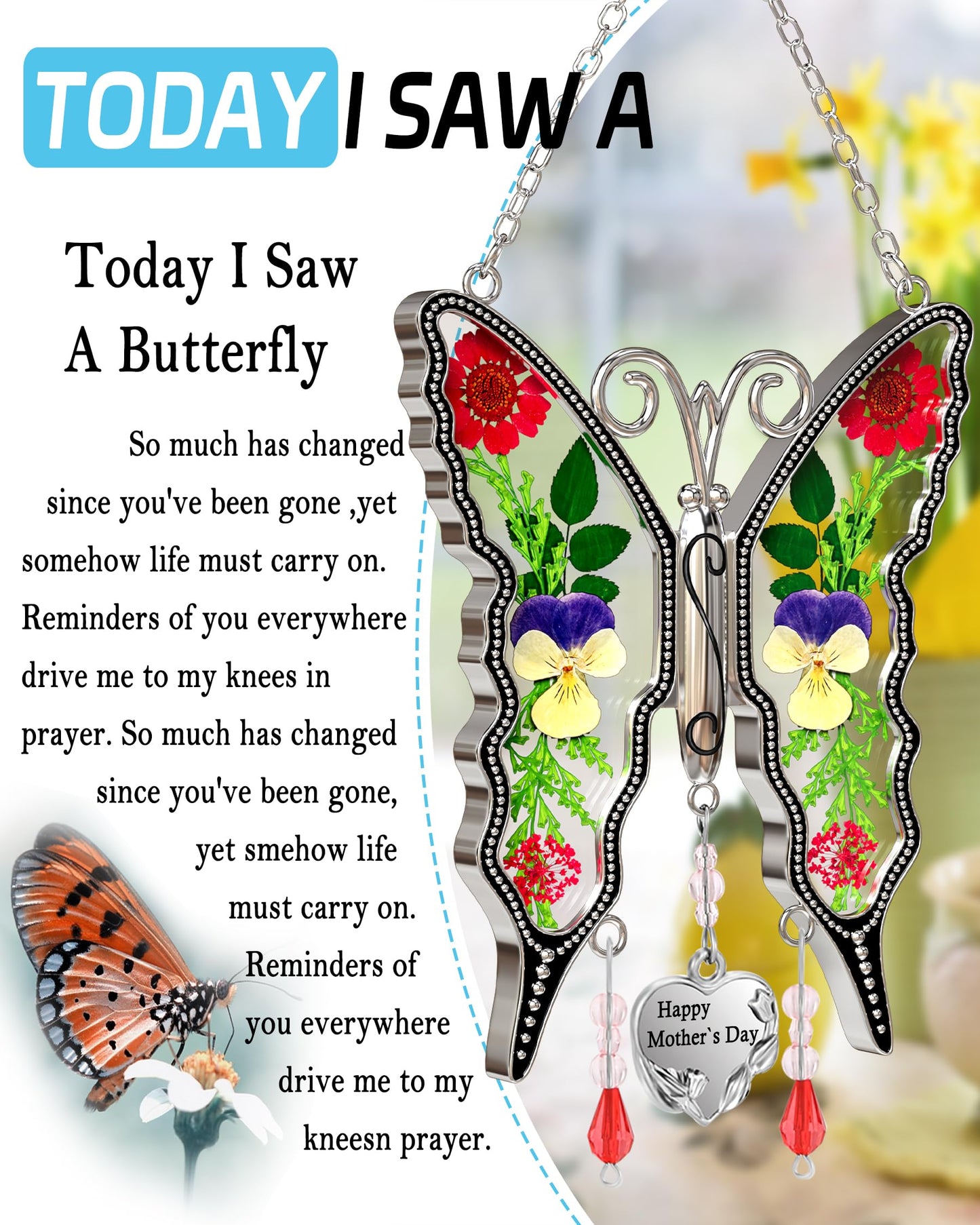 KY&BOSAM Gifts for Women Happy Mother`s Day Butterfly Suncatcher Stained Glass Suncatcher for Window Hanging Home Decor Wind Chime with Pressed Real Flower Garden Decor Gifts for Mom Mothers Day