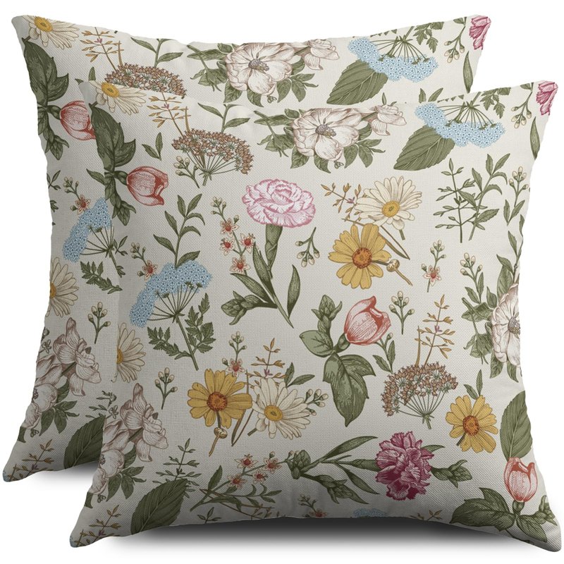 Spring Floral Pillow Covers 18X18 Set of 2, Botanical Print Green Flower Plant Pattern Decorative Throw Pillowcases Outdoor Farmhouse Seasonal Cushion Cases Couch Sofa Bed Decor