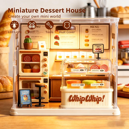Lydaz DIY Miniature House Kit, Mini House Building Kit for Adults, Tiny House Kit with Furniture, Miniature Dollhouse Kits with Dust Cover, Craft LED Decor Birthday Gifts for Family Her(Dessert House)