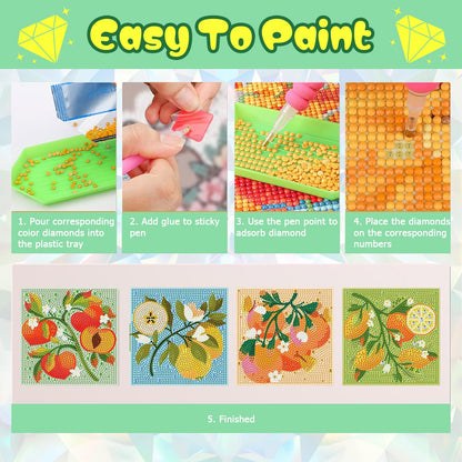 ICYANART 4 Pack Diamond Art Kits for Kids Fruit Gem Art Kit for Kids Ages 6-8-12 Small Diamond Art for Kids Gifts and Home Wall Decor 7x7inch