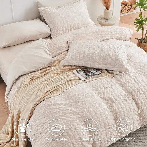 HYMOKEGE Queen Comforter Set - Lightweight 3-Piece Bedding Set with Soft Down Alternative - Beige