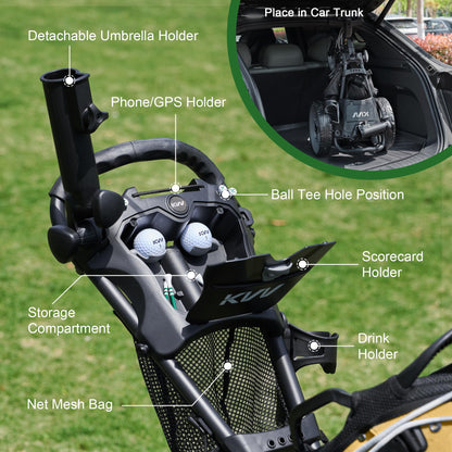 KVV 3 Wheel 360 Rotating Front Wheel Foldable/Collapsible Golf Push Cart with Foot Brake Open and Close in ONE Second-Free Umbrella Holder Included(Black/Charcoal)