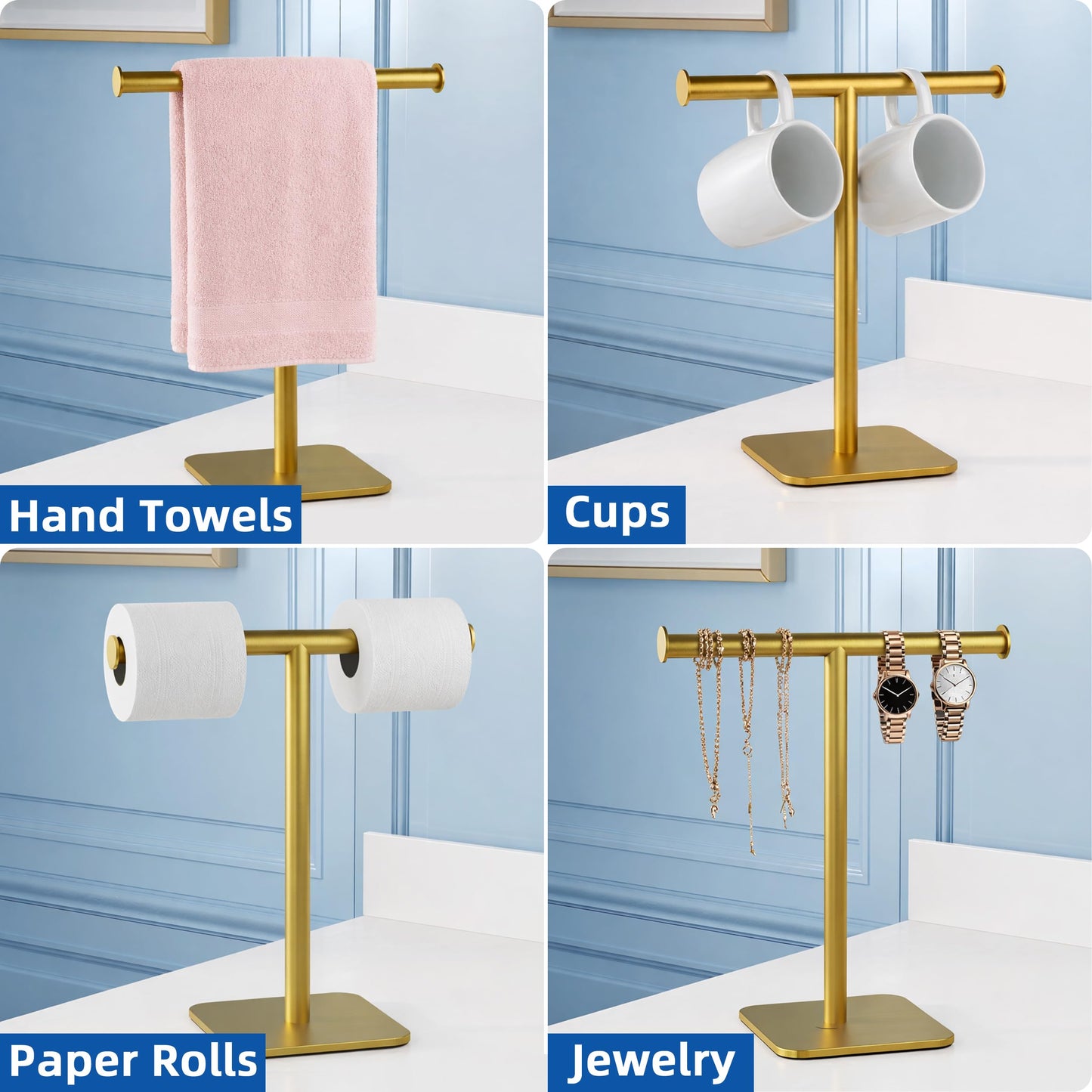 RUACQ Hand Towel Holder Stand, T-Shape Stainless Steel Free Standing Towel Rack, Vanity Countertop Towel Holder for Bathroom Kitchen Heavy Duty (Brushed Gold)