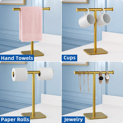 RUACQ Hand Towel Holder Stand, T-Shape Stainless Steel Free Standing Towel Rack, Vanity Countertop Towel Holder for Bathroom Kitchen Heavy Duty (Brushed Gold)