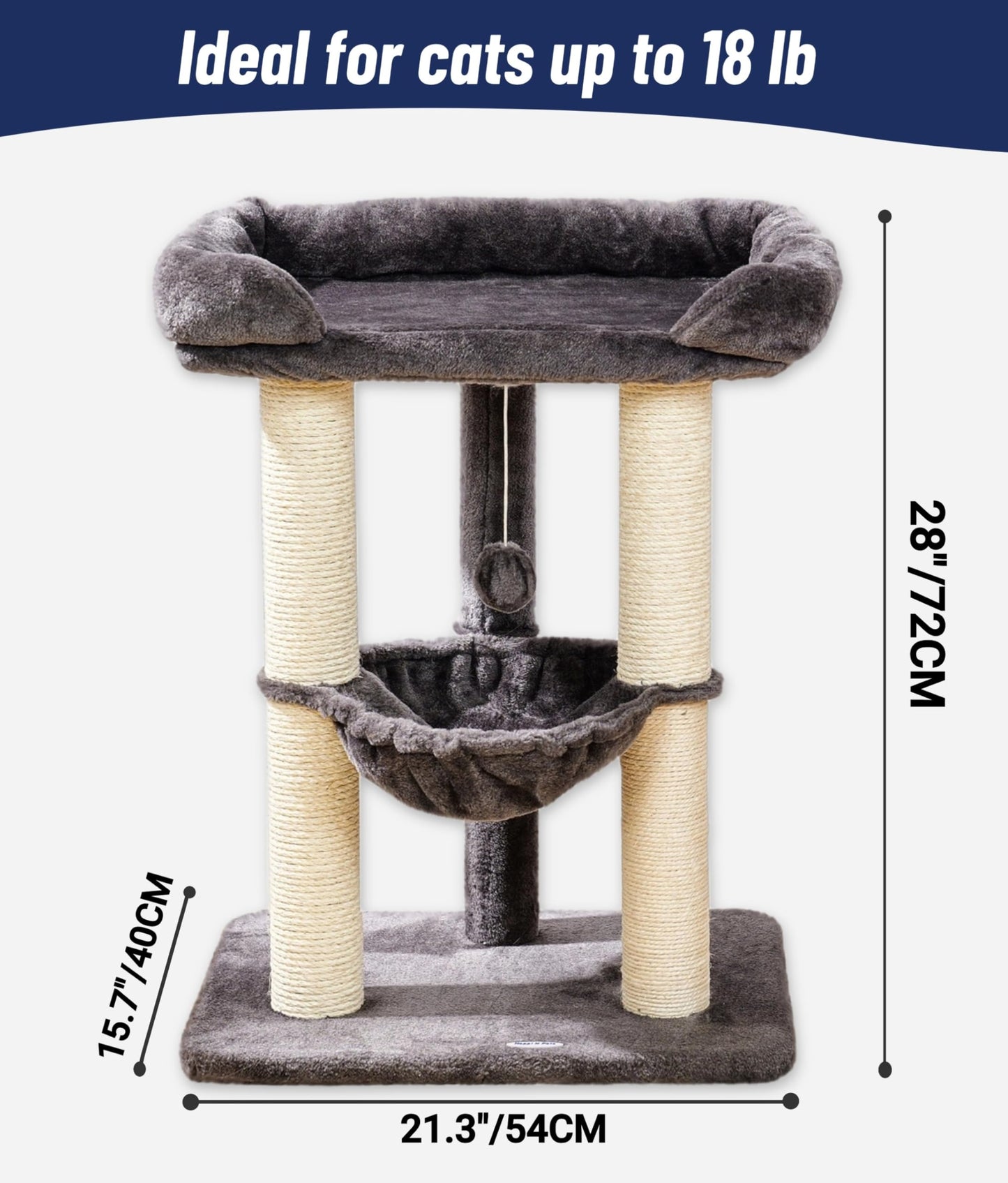 Happi N Pets 28" Cat Tree Tower for Indoor Cats, Tall Cat Scratching Post with Large Bed for Maine Coon Big Cats, Sisal Cat Scratcher with Soft Perch & Hammock, Stable Cat Stand, Removable Cover-Gray