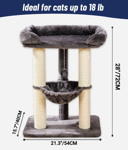 Happi N Pets 28" Cat Tree Tower for Indoor Cats, Tall Cat Scratching Post with Large Bed for Maine Coon Big Cats, Sisal Cat Scratcher with Soft Perch & Hammock, Stable Cat Stand, Removable Cover-Gray