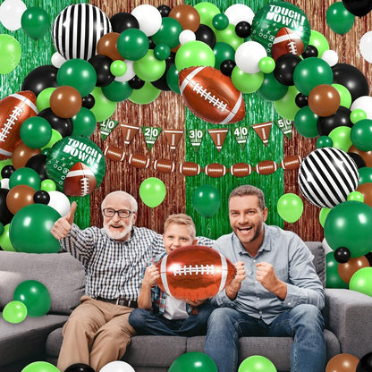 130 PCS Football Balloon Garland Arch Kit - Sage Green & Coffee Brown Balloons with Football Foil Balloon Foil Fringe Curtains for Touch Down Rugby Sport Theme Party Decorations