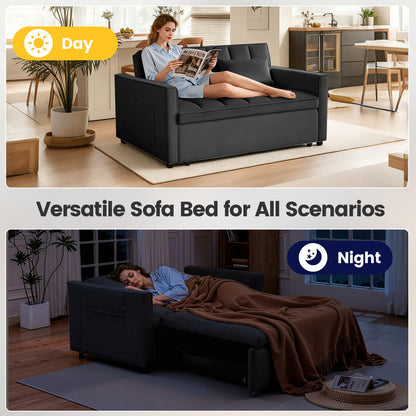 Trygoal 3 in 1 Convertible Sofa Bed, Love Seat Sleeper Bed with Side Pockets, Velvet Fabric Pull Out Couch with Adjustable Backrest for Living Room, Bedroom, Apartment, Black