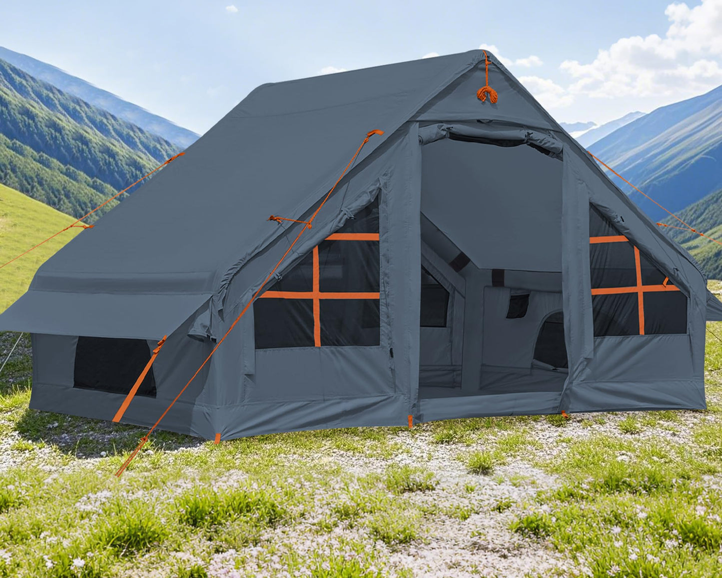 Inflatable Camping Tent with Pump, 4 Person Glamping Tents Sun Shelter, Easy Setup Waterproof Outdoor Oxford Tents, Self-Supporting Structure Inflatable House Tent