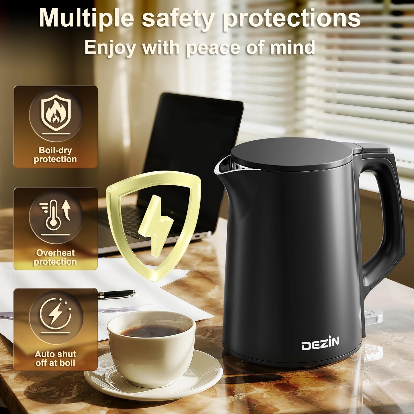 Dezin 0.8L Electric Kettle, Small Electric Kettle with Double Wall Construction, 304 Stainless Steel Electric Tea Kettle for Business Trip, Portable Travel Kettle with Auto Shut-Off
