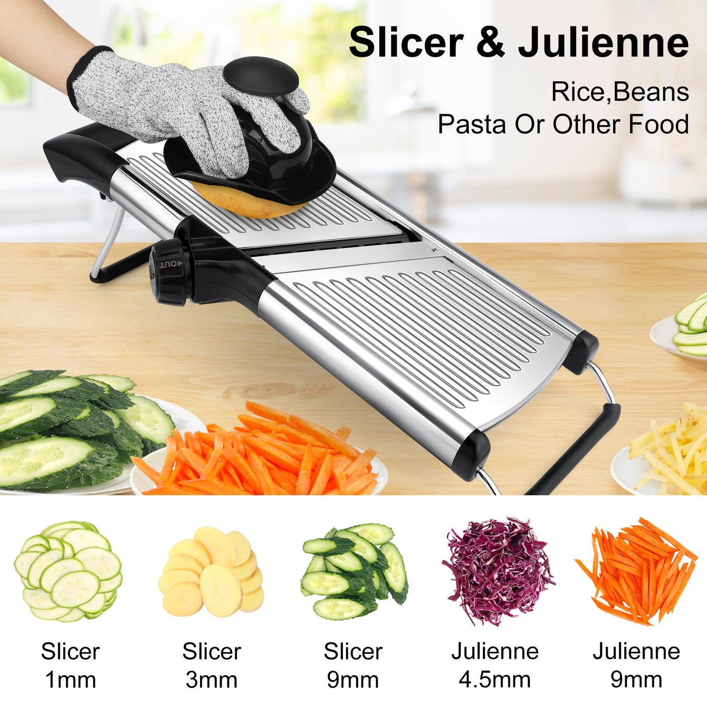 Mandoline Slicer for Kitchen, Adjustable mandoline food slicer， Stainless Steel vegetable slicer with a pair of Gloves
