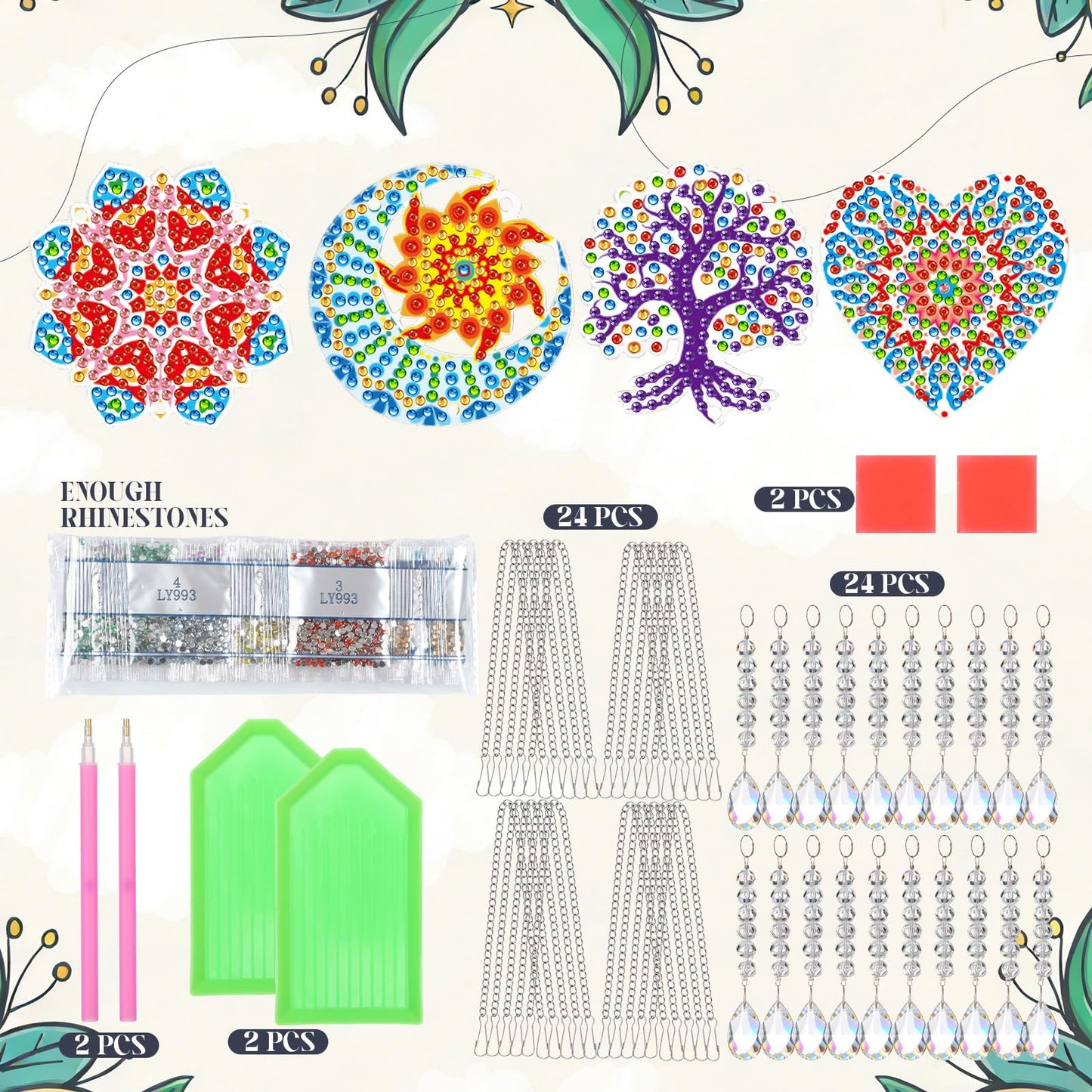 Seenelling 24 Pcs Diamond Painting Suncatcher Bulk Wind Chime Diamond Art Kits DIY Crafts with Crystal Pendant for Summer Spring Adult Window Garden Home Party Gift(Mandala)