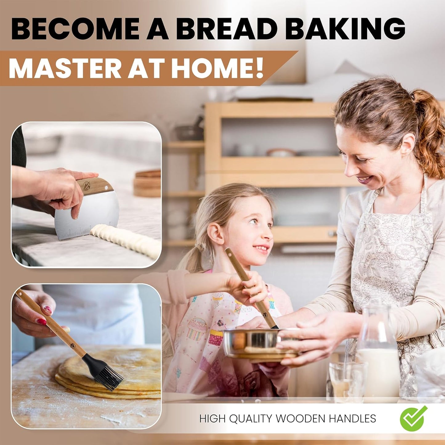 Danish Dough Whisk Kit for Sourdough, 4 Pcs Bread Making Tools with Whisk, Bench Scraper, Bread Lame & Brush
