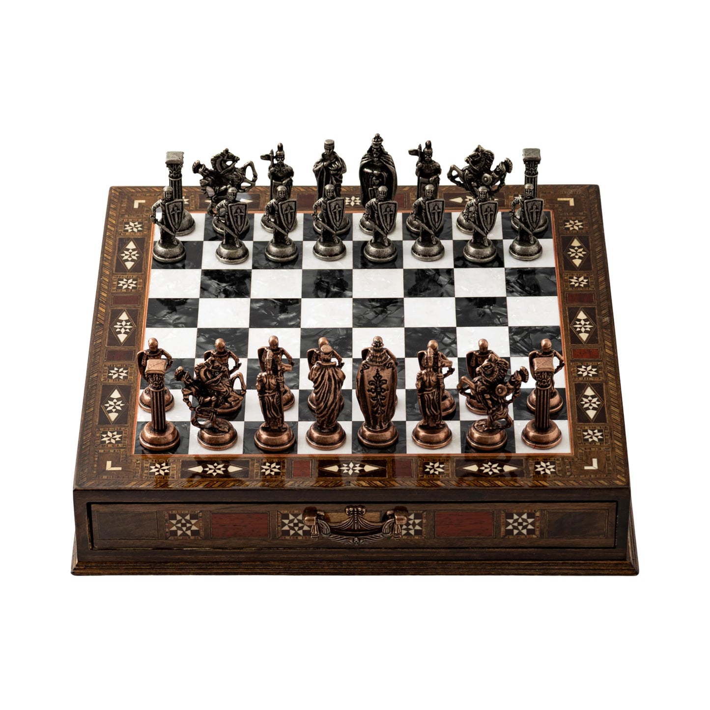 15’’ Handmade Wooden Chess Set with British Army Metal Pieces – Luxury Storage Board – Gift for Adults, Fathers & Collectors, Gift for Him (Black)