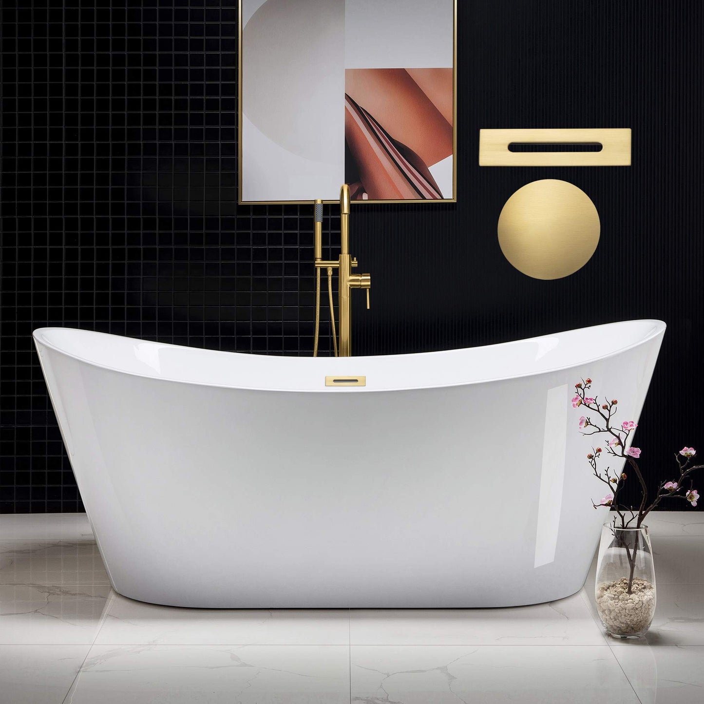 WOODBRIDGE 71"Freestanding White Acylic Soaking Bathtub with Brushed Gold Drain and Overflow,BTA1517 -BG-Drain &O