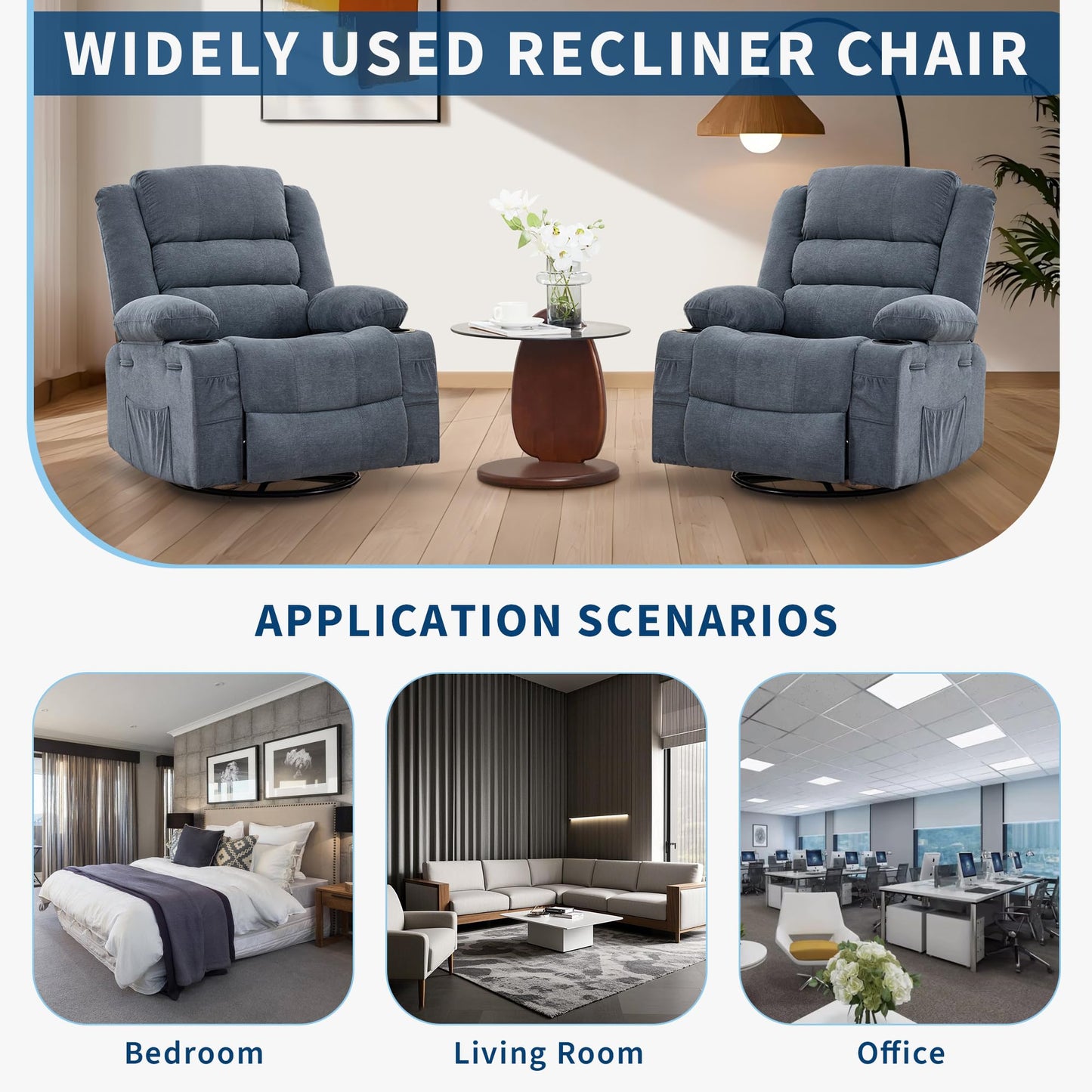 Rocking Recliner Chair for Adults Wide 360° Swivel Rocker Recliner with Cup Holder Nursery Glider with Upholstered Deep Seat Linen Lazy boy Chair for Living Room Blue
