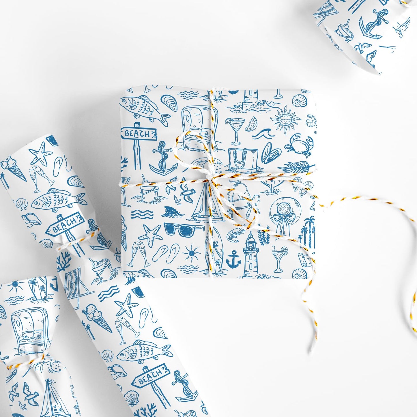 FYSUIMU Summer Wrapping Paper -Mini Roll- 17 Inch x 32.8 Ft Blue White Beach Fish Gift Wrap Paper Tropical Art Papers for Luau Pool Party Baby Shower Birthday DIY Crafts