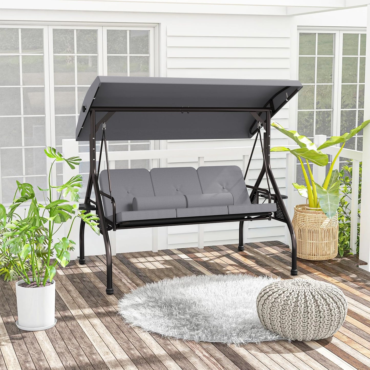 Patiomore 3 Seat Outdoor Porch Swing Chair, Adjustable Canopy Swing Bench, Convertible Backrest Swing Bed with Thicken Cushions, Pillow & Cup Hold (Grey), Gray