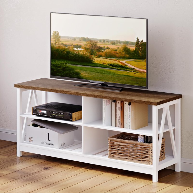 ChooChoo Farmhouse TV Stand for TVs up to 60 Inch, Modern Entertainment Center with 4 Open Shelves & Built-in Cable Holes, Media TV Console for Living Room, Bedroom, White