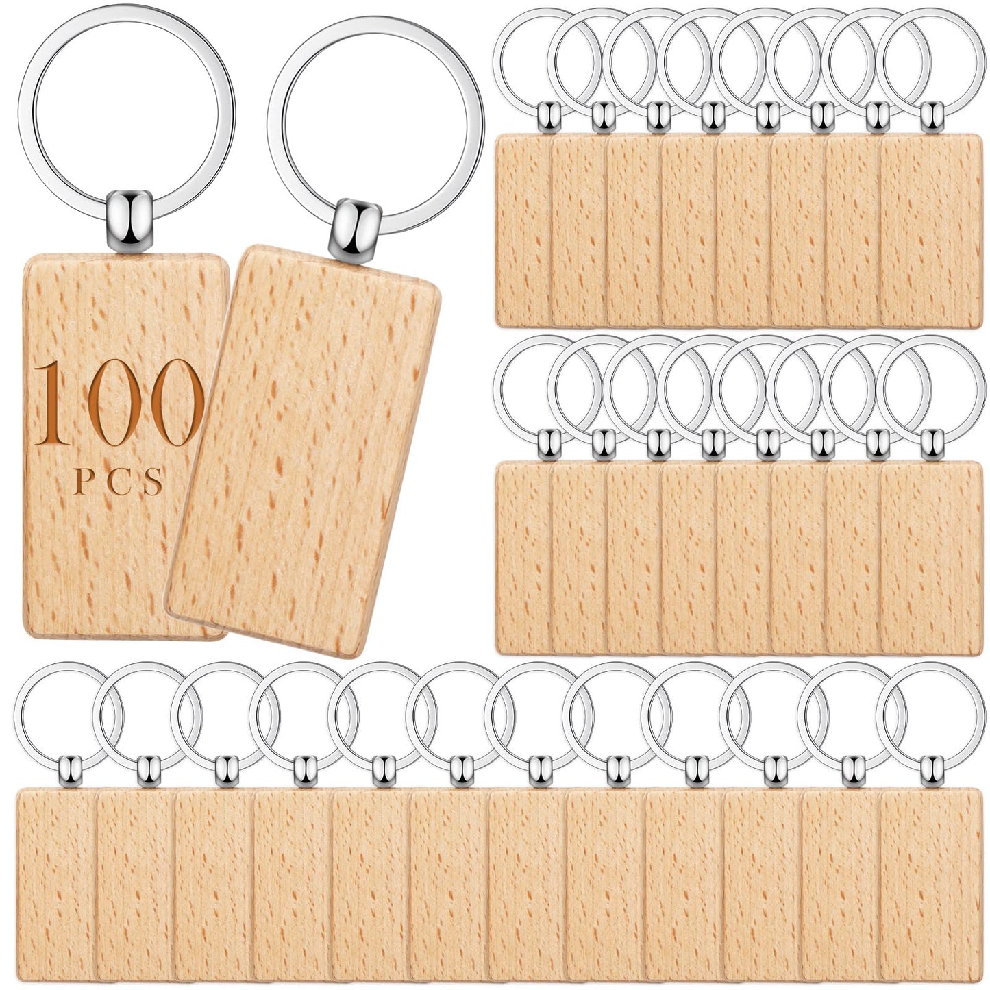 Yinkin 100 Pcs Wooden Keychain Blanks Bulk Laser Engraving Key Chain Unfinished Wooden Key Ring Tag for DIY Gift Crafts (Rectangle)