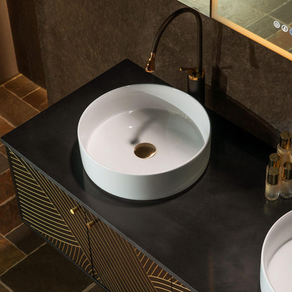 Woodbridge 60"X22" Wall Mounted Vanity with Double Ceramic Round Vessel Sinks,Black Engineered Stone Vanity Top,Floating Design with Hand-Painted Black & Gold Accents,Space-Saving for Modern Living