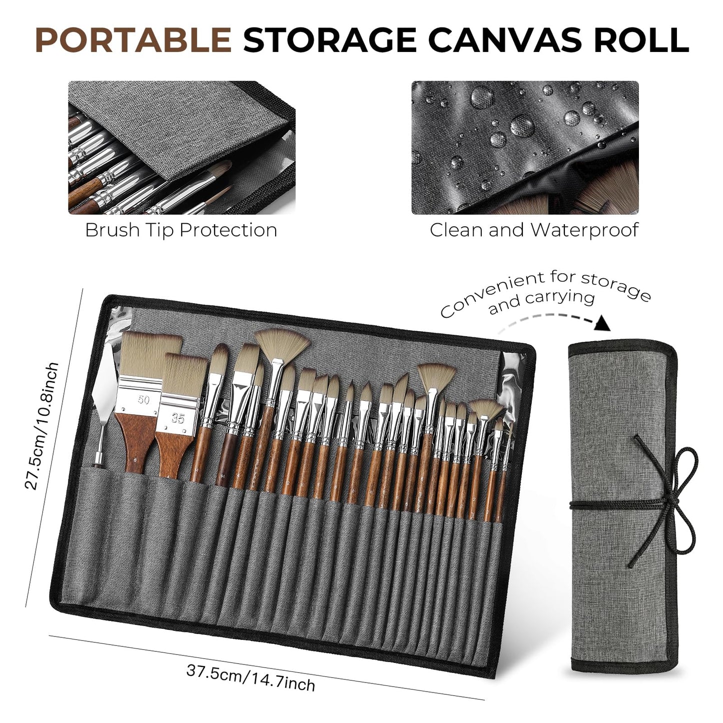 Fuumuui 25pcs Paint Brush Set, Professional 9 Shapes with Wide Flat, Filbert, Fan, Dagger, Cat Tongue, Round, Angle, Rigger for Acrylic Oil Watercolor | Includes Palette Knife & Waterproof Canvas Roll