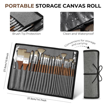 Fuumuui 25pcs Paint Brush Set, Professional 9 Shapes with Wide Flat, Filbert, Fan, Dagger, Cat Tongue, Round, Angle, Rigger for Acrylic Oil Watercolor | Includes Palette Knife & Waterproof Canvas Roll