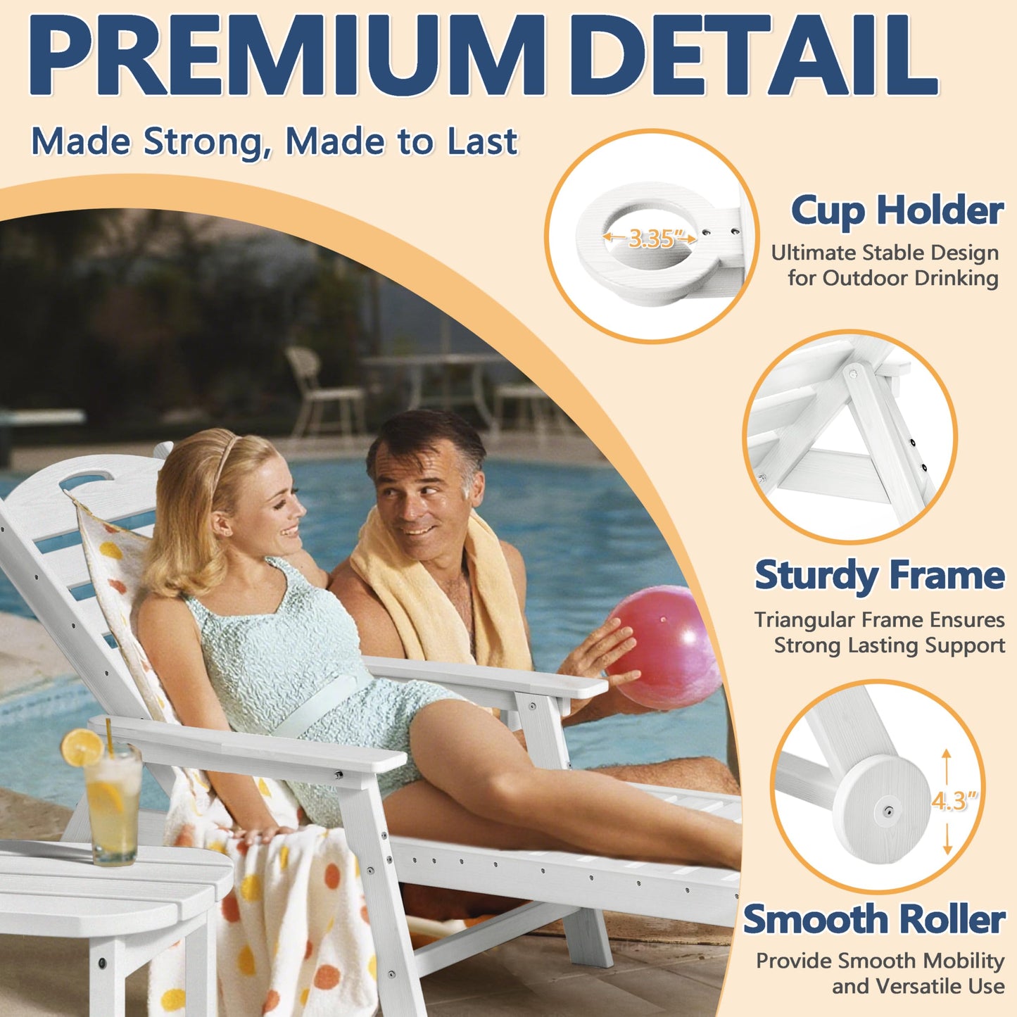 Patio Chaise Lounge Chair Set of 2, HDPE Outdoor Lounge Chairs with 5-Position Adjustable Backrest, Cup Holder and Wheels, 450lbs Capacity for Poolside Deck Backyard, All Weather Material(Gray)