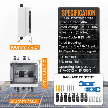 PJERJZN Solar Combiner Box 2 String PV Combiner Box 1000V DC 40A & 20-40KA SPD Power Distribution Box for Solar Panels Off-Grid Systems (2String 2 in 2 Out)