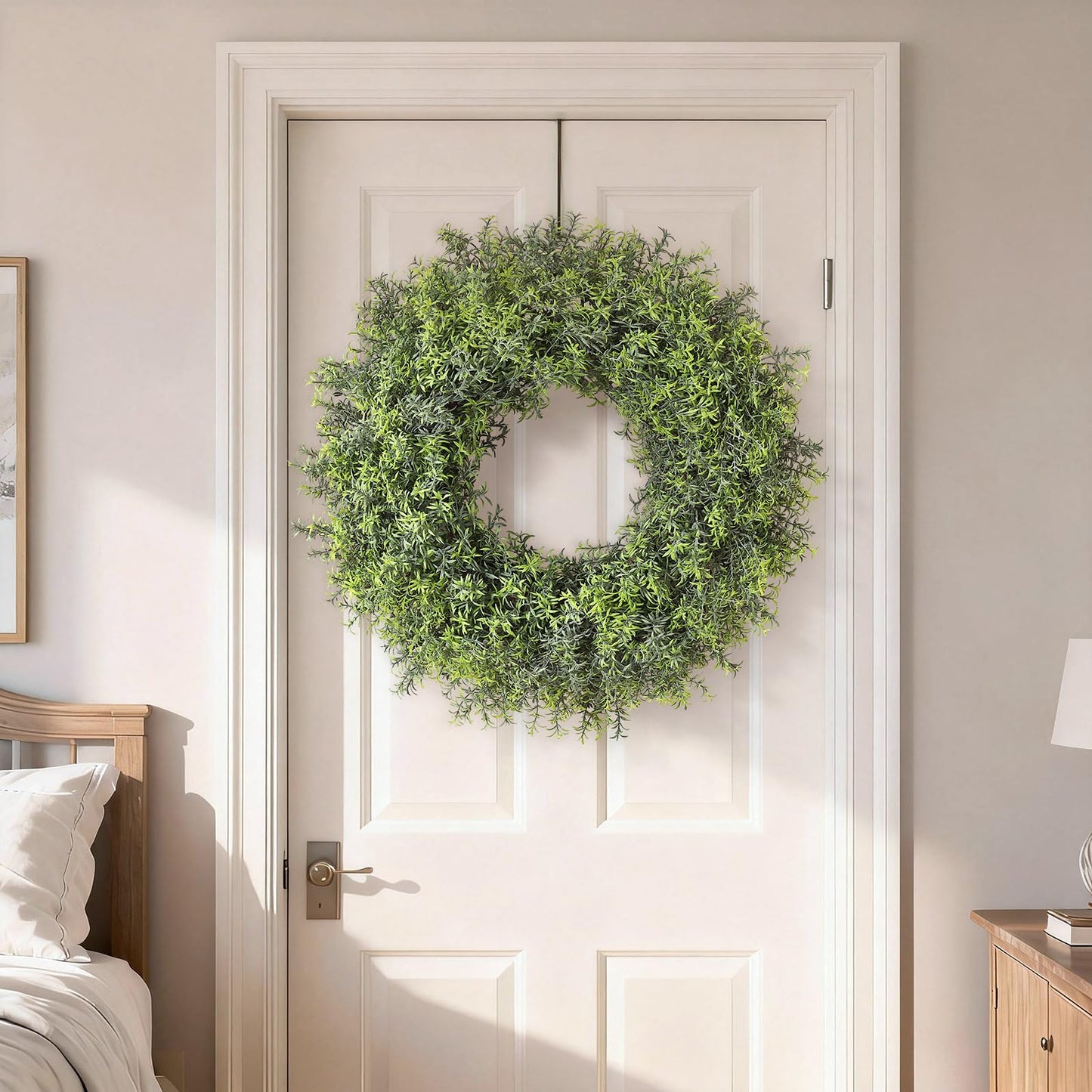 26" Large Artificial Rosemary Wreath for Front Door - UV Resistant Realistic Rosemary Plant, Fake Spring/Summer Greenery Wreath for Wall Window Farmhouse Fireplace Decor