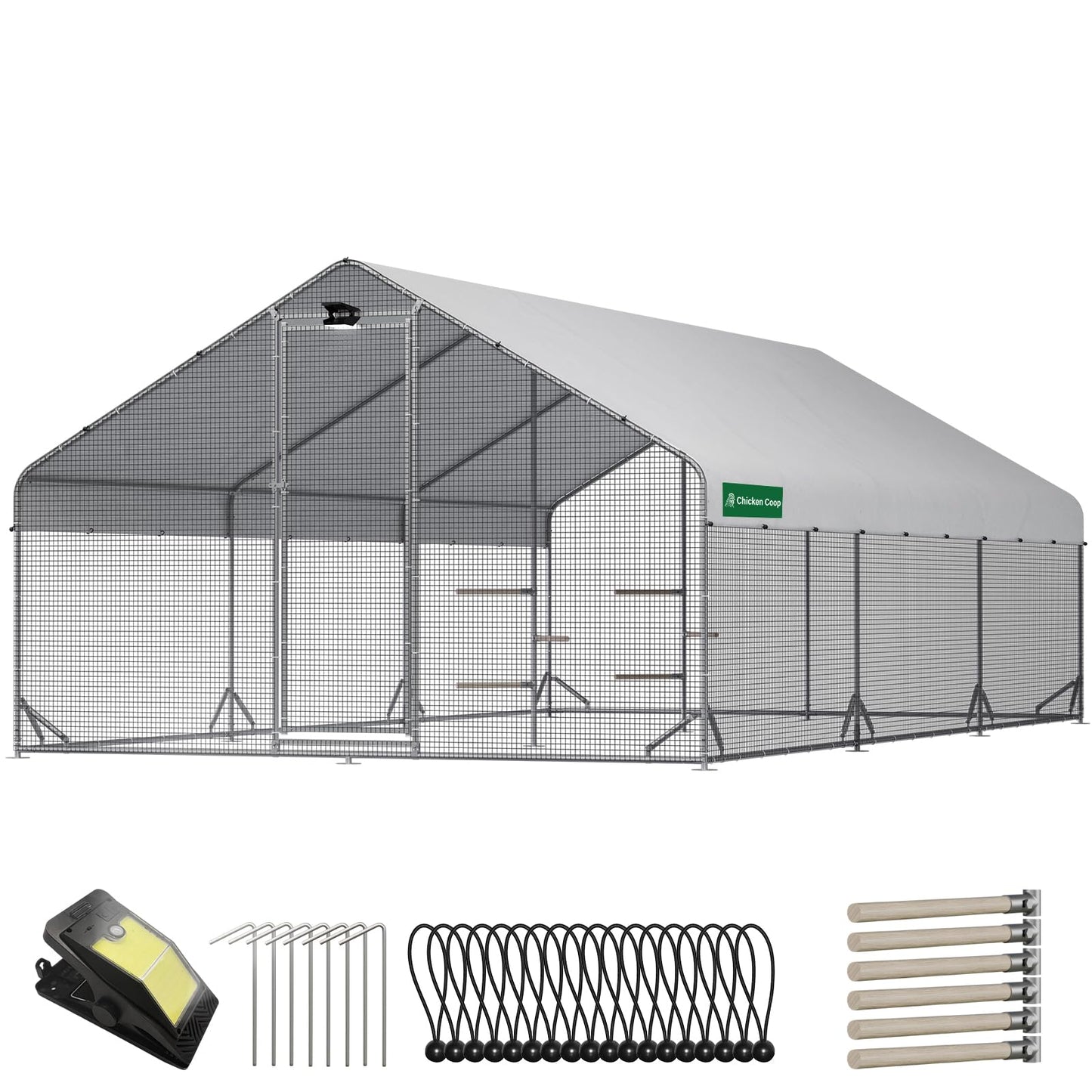 Large Walk-in Metal Chicken Coop with Chicken Run & Hardware Cloth, Solar Light, Waterproof & UV-Resistant Cover, Outdoor Poultry Cage for Farm Use, 3 Room