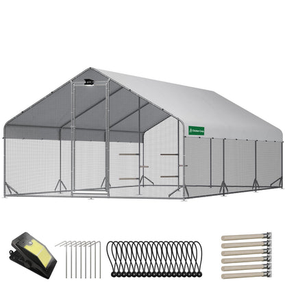 Large Walk-in Metal Chicken Coop with Chicken Run & Hardware Cloth, Solar Light, Waterproof & UV-Resistant Cover, Outdoor Poultry Cage for Farm Use, 3 Room